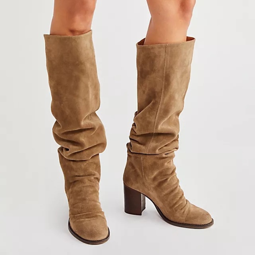 FREE PEOPLE Mushroom Suede Block Heel Knee High Slouch Elle Boot Size 6